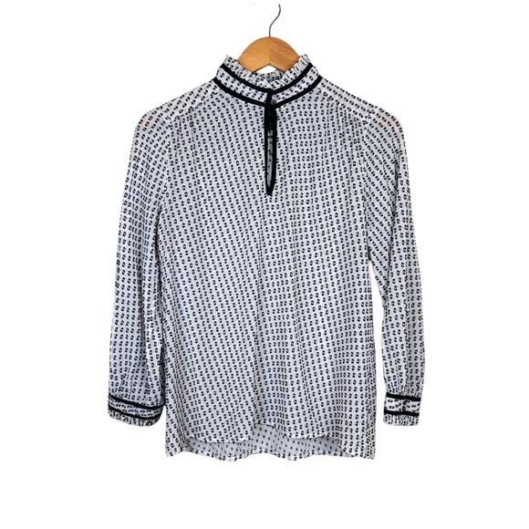 J. Crew Black & White Swiss Dot Silk Blend Long Sleeve Mock Neck Blouse - Picture 9 of 14